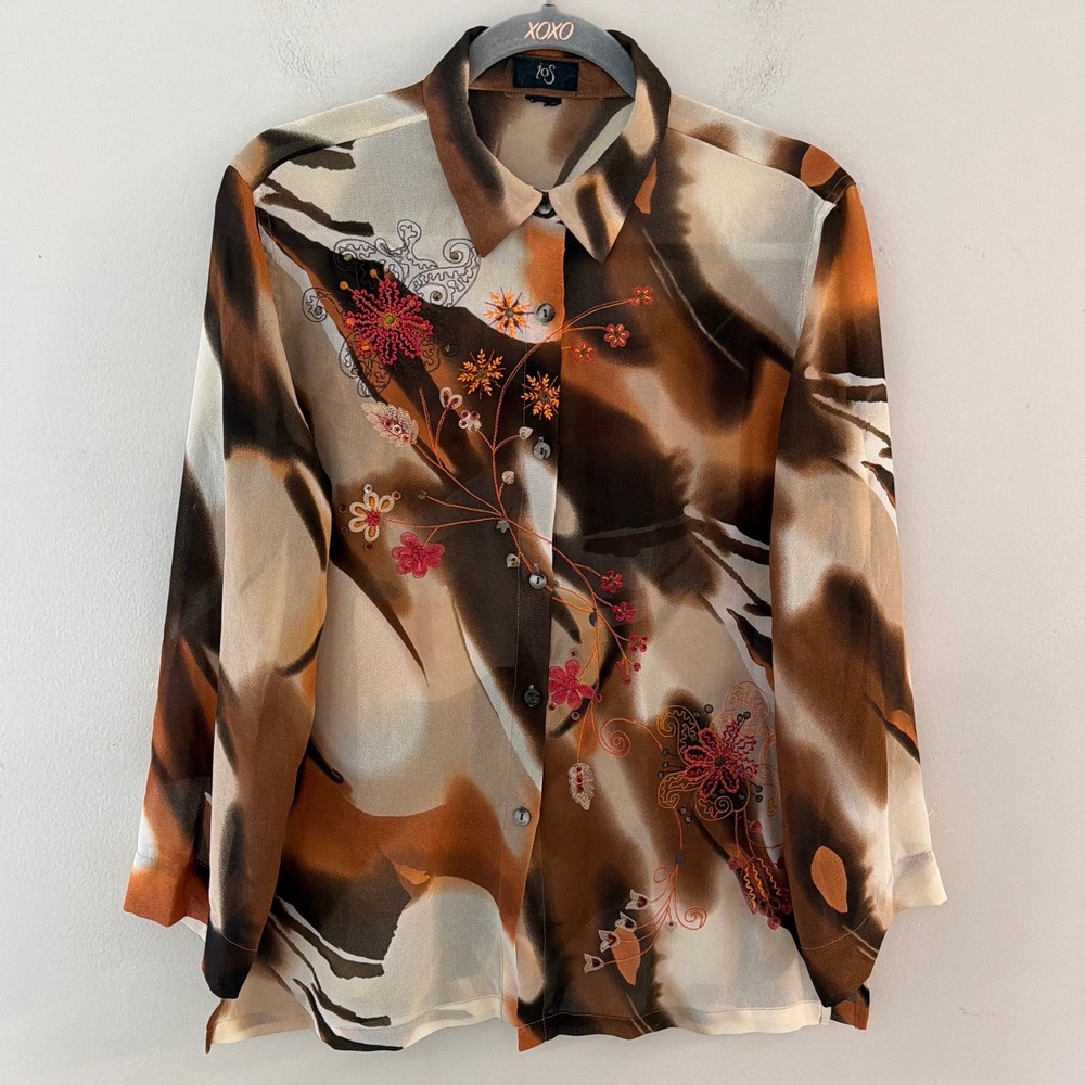 IOS Abstract Earth Tone Sheer Blouse Floral Embroidery Sequin Button Down Top